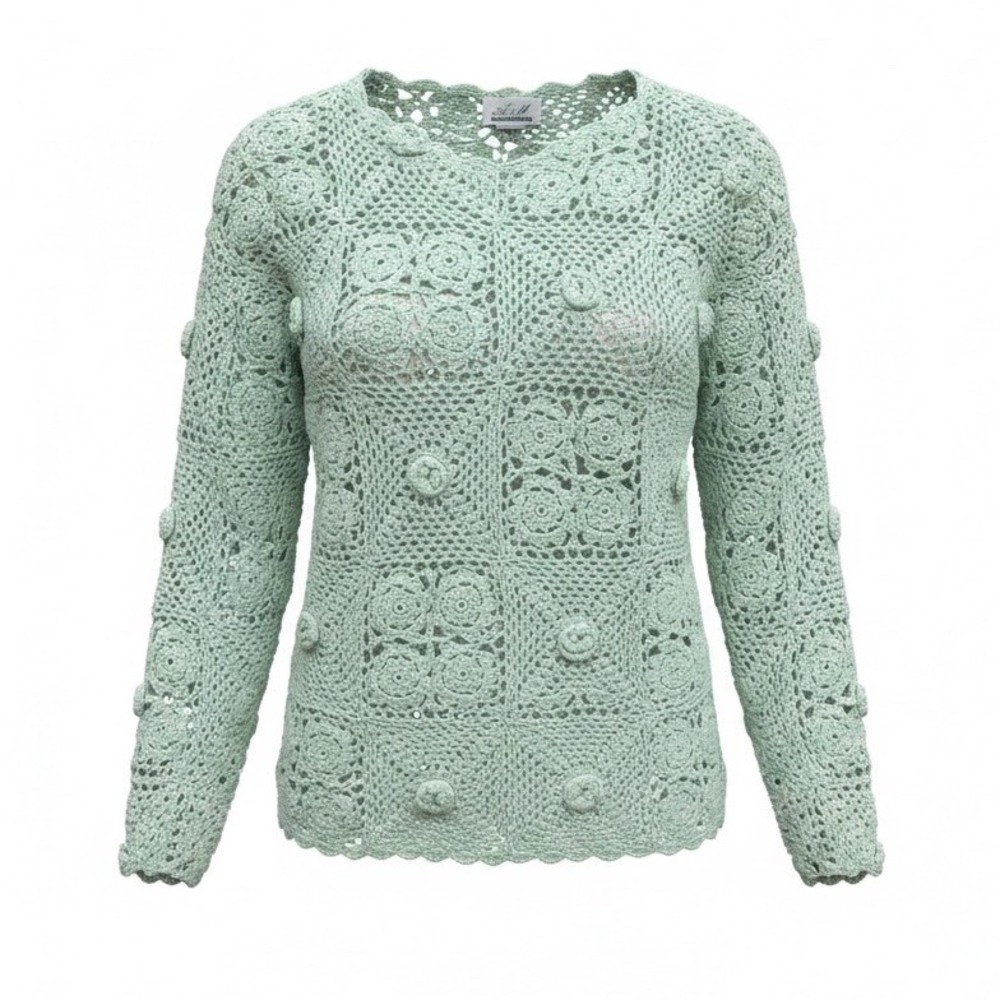 NWT Y2K Floral Crochet Top XL Seafoam Green Open Knit Boho Cottagecore